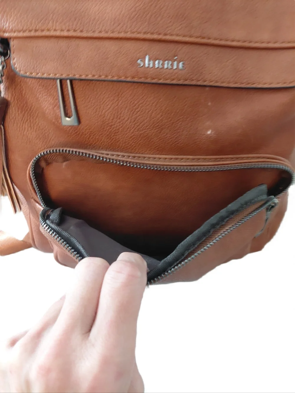 Brown Vegan Leather Backpack with Removable Pouch and Colorful Strap